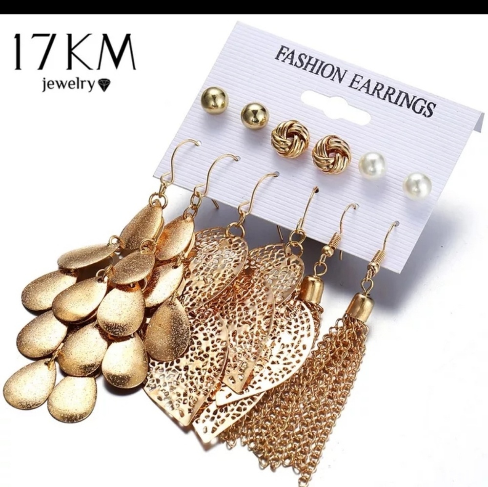 6 pair golden dangle earrings